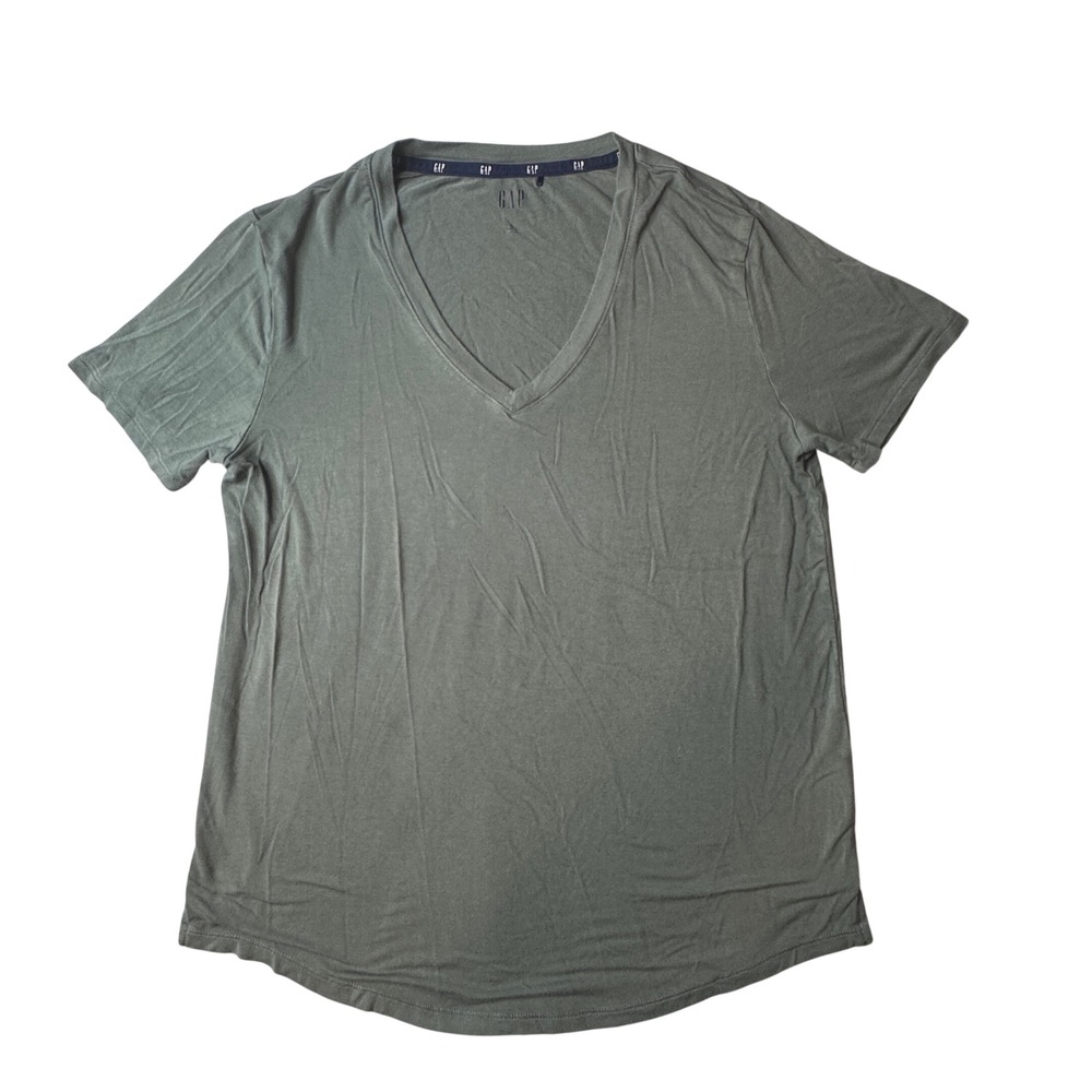 Gap T-Shirt Womens S Green V-Neck Short Sleeve Rayon Blend Curved Hem GP007932